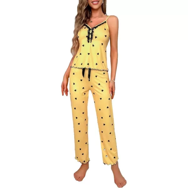 WDIRARA Women's Heart Print Sleepwear Lace Trim Bow Cami and Pants Pajama Set