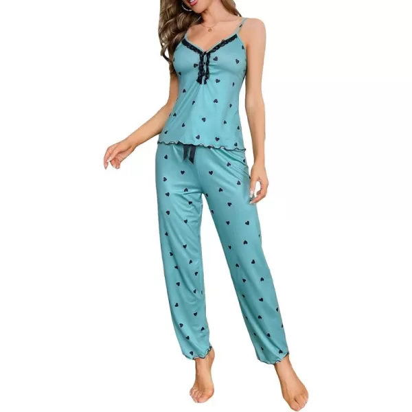 WDIRARA Women's Heart Print Sleepwear Lace Trim Bow Cami and Pants Pajama Set