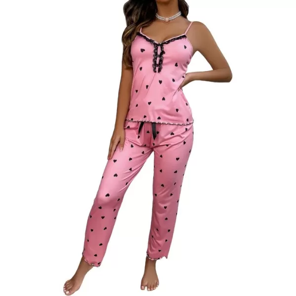 WDIRARA Women's Heart Print Sleepwear Lace Trim Bow Cami and Pants Pajama Set