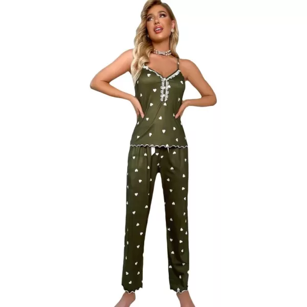 WDIRARA Women's Heart Print Sleepwear Lace Trim Bow Cami and Pants Pajama Set