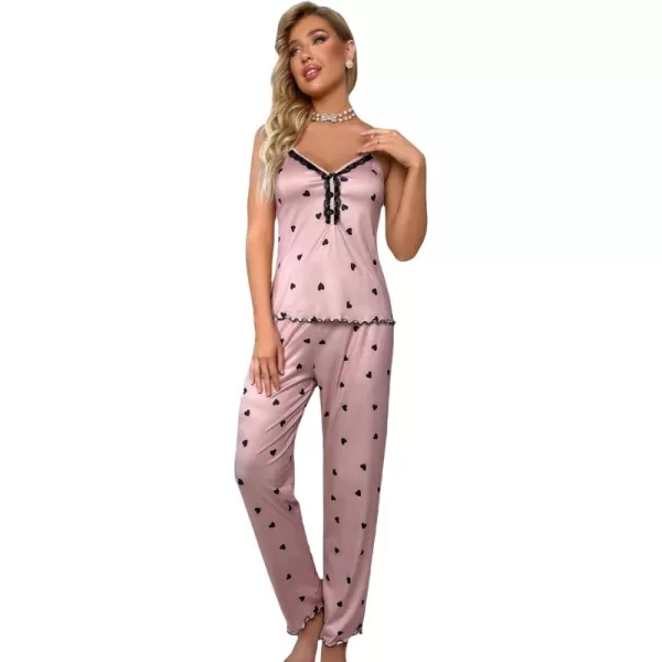 WDIRARA Women's Heart Print Sleepwear Lace Trim Bow Cami and Pants Pajama Set