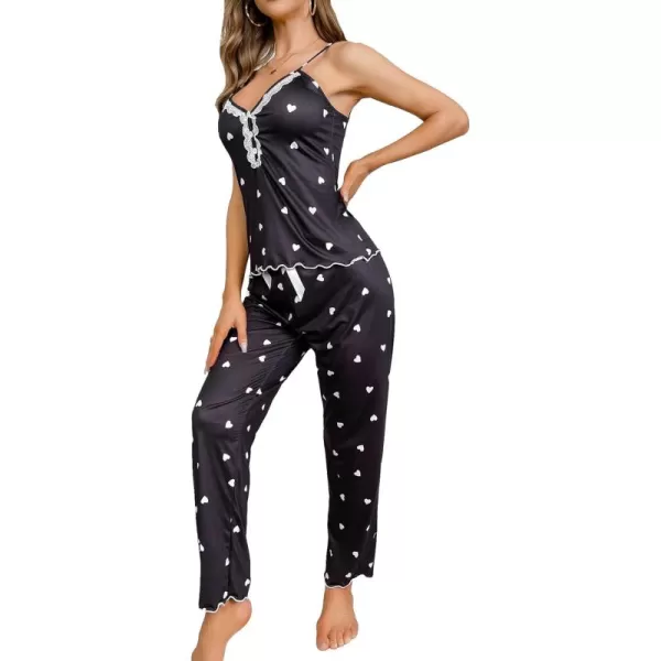 WDIRARA Women's Heart Print Sleepwear Lace Trim Bow Cami and Pants Pajama Set