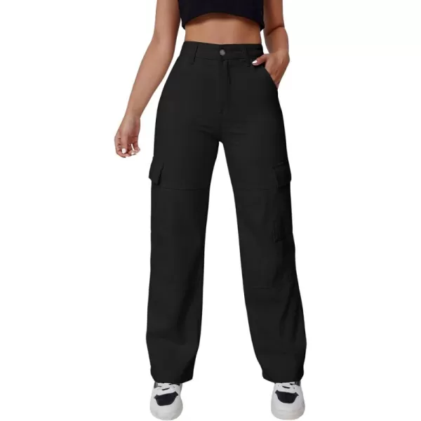 WDIRARA Women's High Waist Button Straight Leg Cargo Jeans Long Denim Pants with Pockets