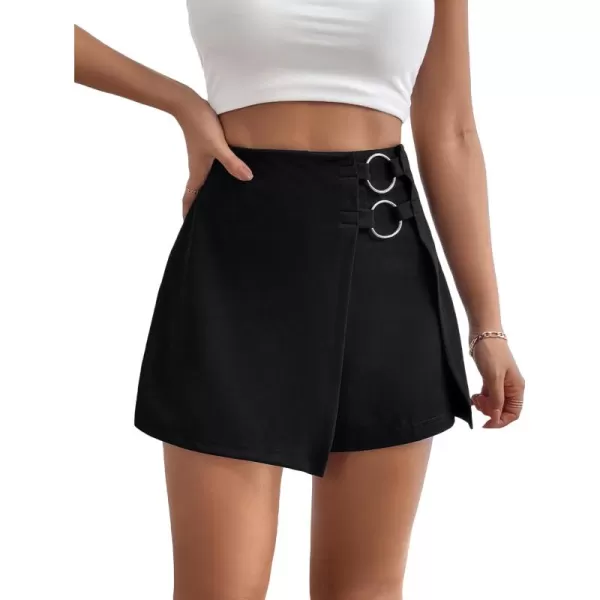 WDIRARA Women's High Waist Ring Wrap Asymmetrical Hem Skort Casual Shorts