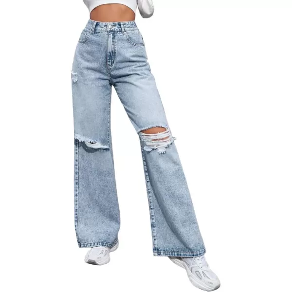 WDIRARA Women's High Waist Ripped Frayed Button Jeans Casual Denim Pants