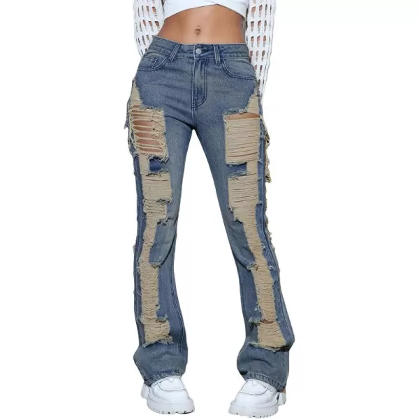 WDIRARA Women's High Waist Ripped Frayed Button Jeans Casual Denim Pants