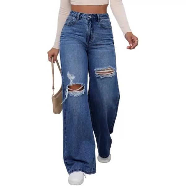 WDIRARA Women's High Waist Ripped Wide Leg Baggy Jeans Distressed Denim Pants
