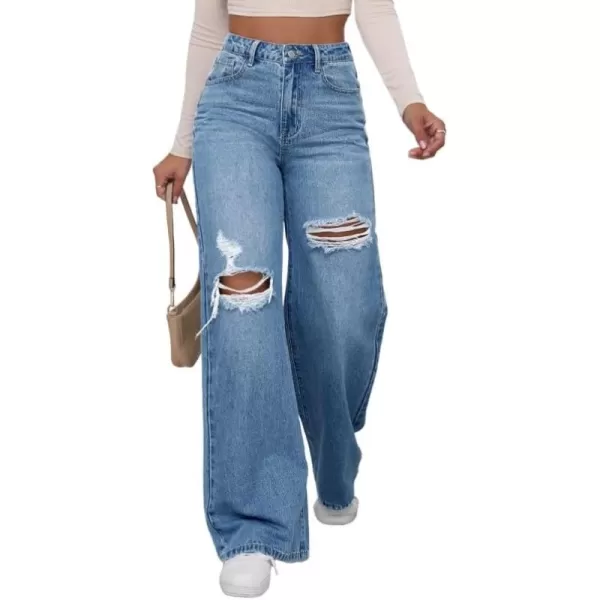 WDIRARA Women's High Waist Ripped Wide Leg Baggy Jeans Distressed Denim Pants