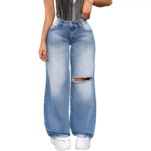 WDIRARA Women's High Waist Ripped Wide Leg Baggy Jeans Distressed Denim Pants