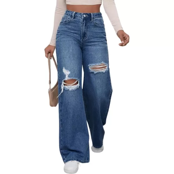 WDIRARA Women's High Waist Ripped Wide Leg Baggy Jeans Distressed Denim Pants