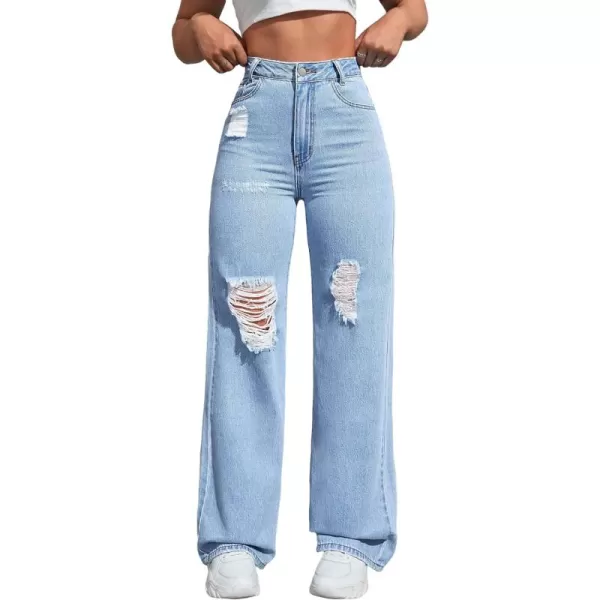 WDIRARA Women's High Waist Ripped Wide Leg Baggy Jeans Distressed Denim Pants