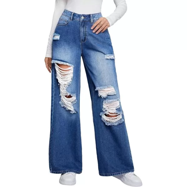 WDIRARA Women's High Waist Ripped Wide Leg Baggy Jeans Distressed Denim Pants