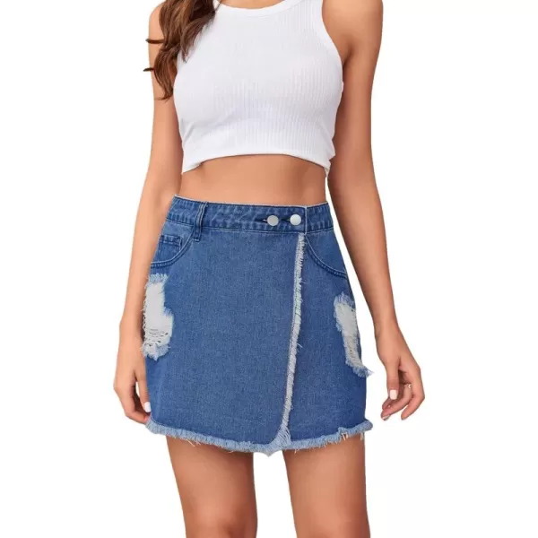 WDIRARA Women's High Waisted A-Line Button Wrap Denim Jean Skirt Mini Skirt