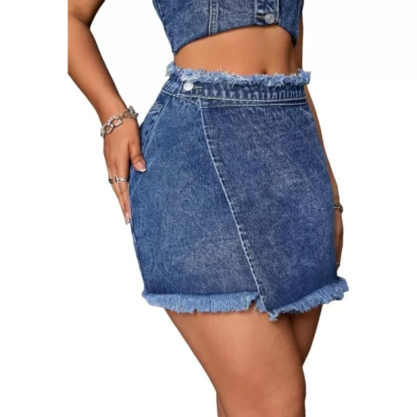 WDIRARA Women's High Waisted A-Line Button Wrap Denim Jean Skirt Mini Skirt
