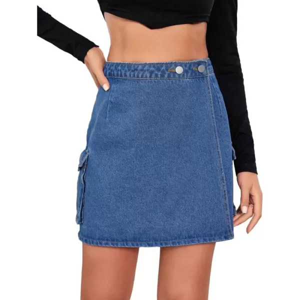 WDIRARA Women's High Waisted A-Line Button Wrap Denim Jean Skirt Mini Skirt