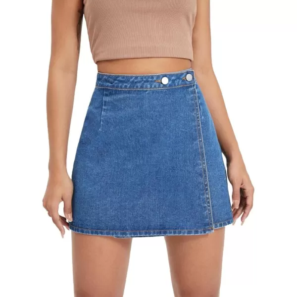 WDIRARA Women's High Waisted A-Line Button Wrap Denim Jean Skirt Mini Skirt