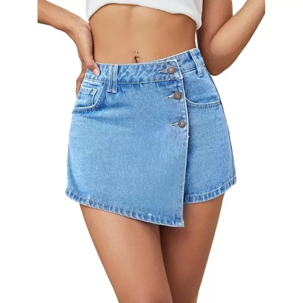 WDIRARA Women's High Waisted Button Front Denim Skort Asymmetrical Hem Skirt Shorts