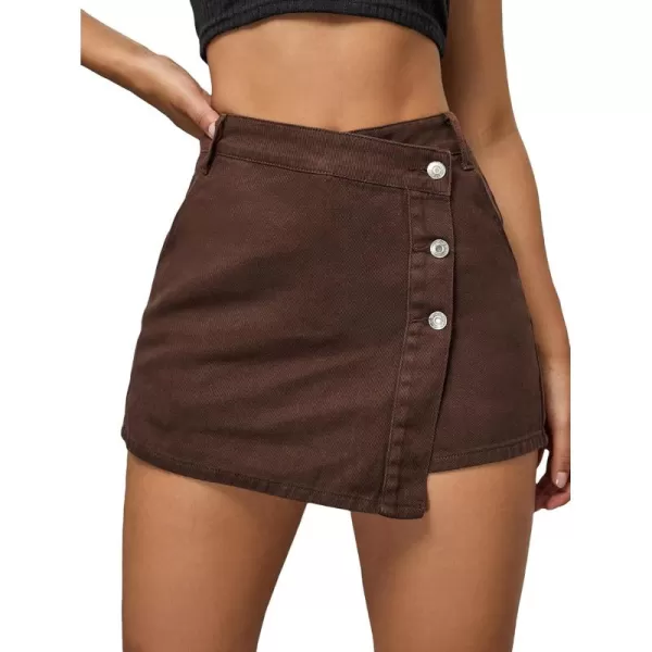 WDIRARA Women's High Waisted Button Front Denim Skort Asymmetrical Hem Skirt Shorts