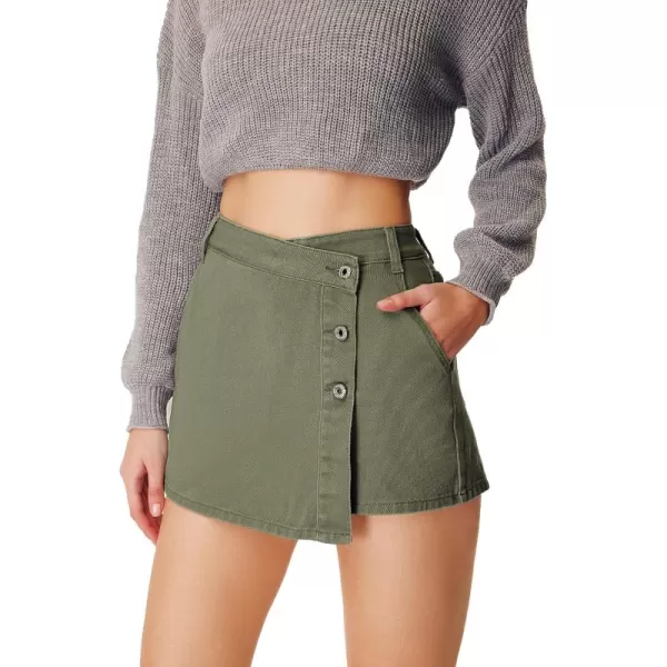 WDIRARA Women's High Waisted Button Front Denim Skort Asymmetrical Hem Skirt Shorts