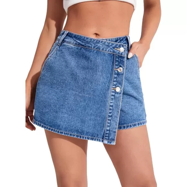 WDIRARA Women's High Waisted Button Front Denim Skort Asymmetrical Hem Skirt Shorts