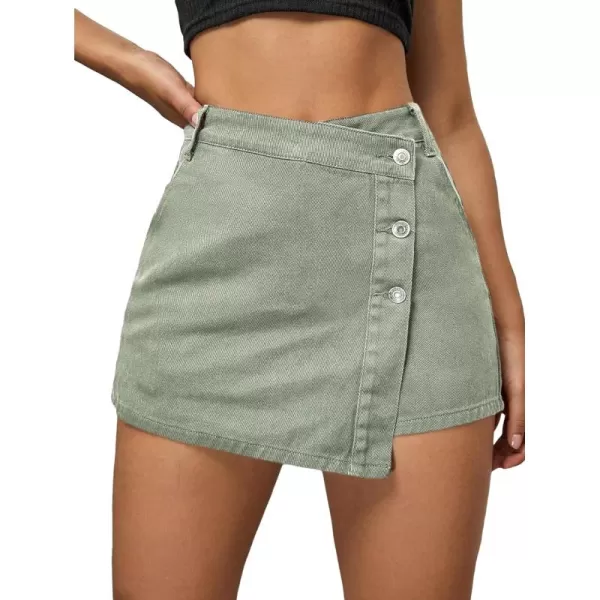 WDIRARA Women's High Waisted Button Front Denim Skort Asymmetrical Hem Skirt Shorts