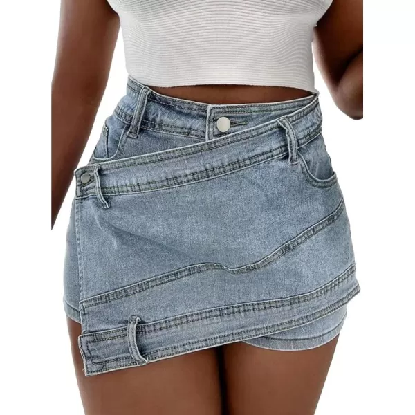 WDIRARA Women's High Waisted Button Front Denim Skort Asymmetrical Hem Skirt Shorts