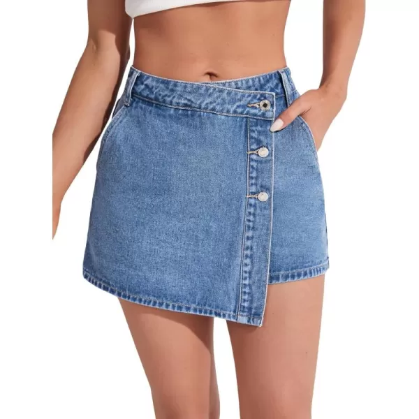 WDIRARA Women's High Waisted Button Front Denim Skort Asymmetrical Hem Skirt Shorts