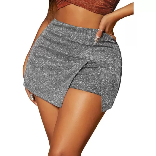 WDIRARA Women's High Waisted Glitter Skort Asymmetrical Wrap Split Hem Bodycon Party Club Skirt Shorts