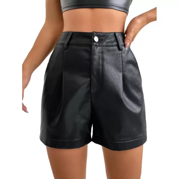 WDIRARA Women's High Waisted PU Leather Shorts Roll Hem Shorts with Pockets