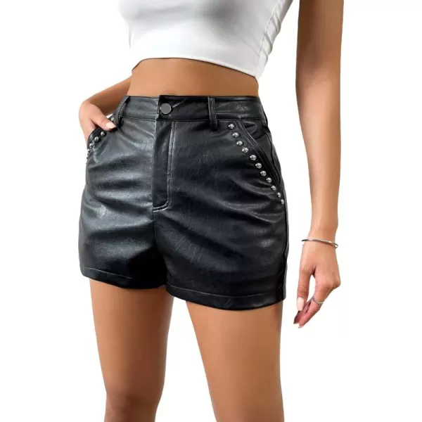 WDIRARA Women's High Waisted PU Leather Shorts Roll Hem Shorts with Pockets