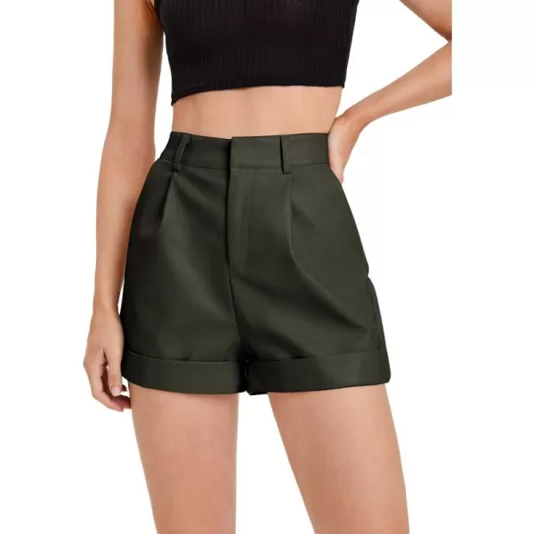 WDIRARA Women's High Waisted PU Leather Shorts Roll Hem Shorts with Pockets