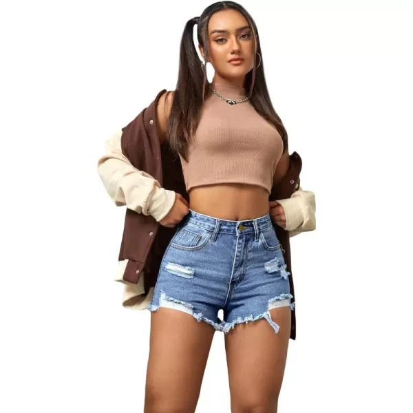 WDIRARA Women's High Waisted Raw Hem Distressed Ripped Casual Denim Shorts