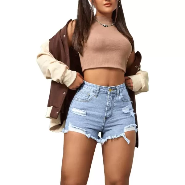 WDIRARA Women's High Waisted Raw Hem Distressed Ripped Casual Denim Shorts
