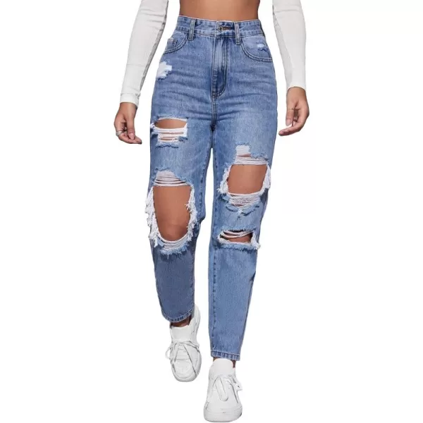 WDIRARA Women's High Waisted Ripped Raw Hem Skinny Jeans Distressed Cut Out Pants