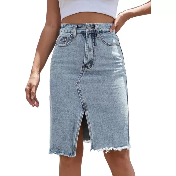 WDIRARA Women's High Waisted Split Front Raw Hem Bodycon Midi Denim Skirt
