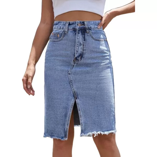 WDIRARA Women's High Waisted Split Front Raw Hem Bodycon Midi Denim Skirt