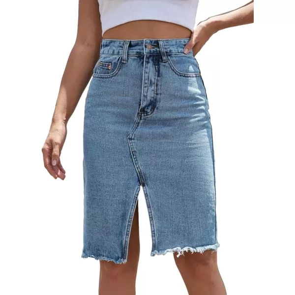 WDIRARA Women's High Waisted Split Front Raw Hem Bodycon Midi Denim Skirt