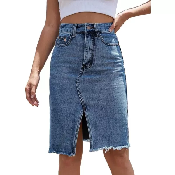 WDIRARA Women's High Waisted Split Front Raw Hem Bodycon Midi Denim Skirt
