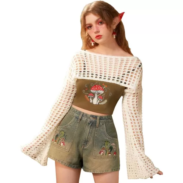 WDIRARA Women's Hollow Out Crochet Boat Neck Long Sleeve Pullovers Drop Shoulder Crop Sweater