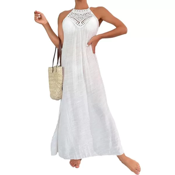 WDIRARA Women's Hollow Out Halter Slit Side Tie Back Long Bikini Cover Up Dress Sleeveless Loose Fit Coverups