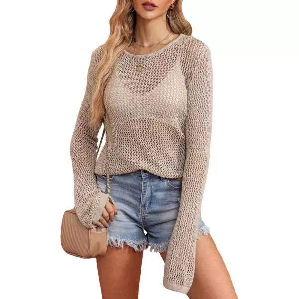 WDIRARA Women's Hollow Out Sheer Long Sleeve Round Neck Casual Pullover Knit Sweaters