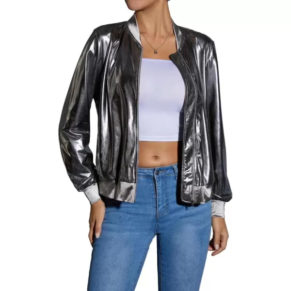 WDIRARA Women's Holographic Zipper Front Long Sleeve Baseball Bomber Jacket Outerwear