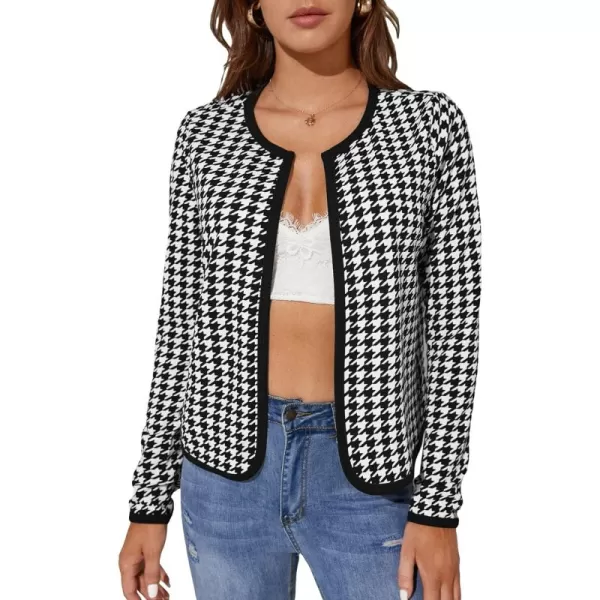 WDIRARA Women's Houndstooth Open Front Long Sleeve Plaid Work Office Elegant Jacket