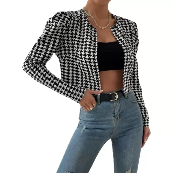 WDIRARA Women's Houndstooth Open Front Long Sleeve Plaid Work Office Elegant Jacket