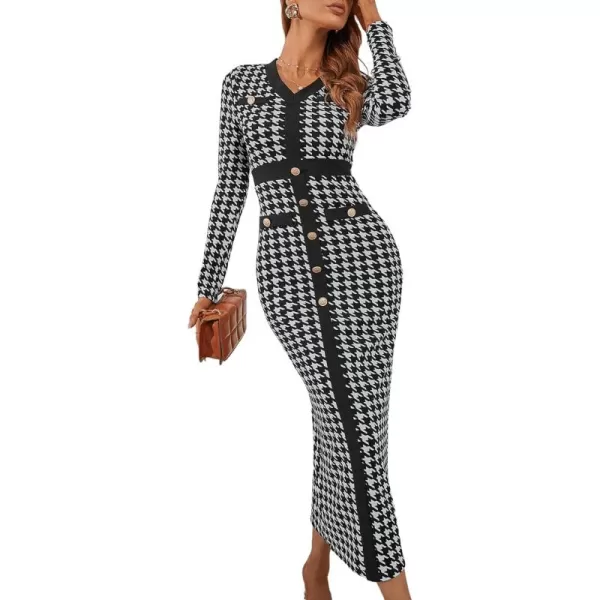 WDIRARA Women's Houndstooth Plaid V Neck Split Hem Belted Button Long Sleeve Bodycon Church Pencil Maxi Dress