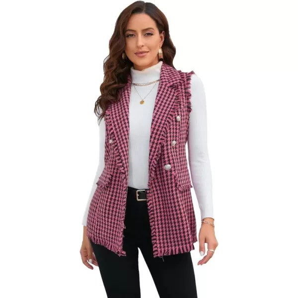 WDIRARA Women's Houndstooth Print Sleeveless Lapel Raw Trim Button Front Long Vest Jacket