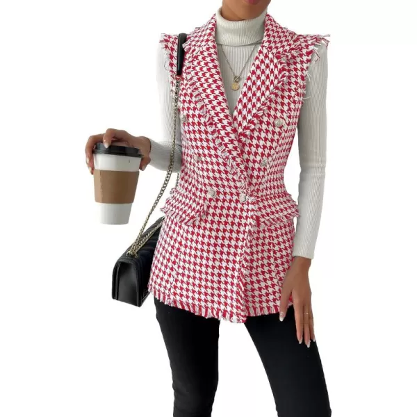WDIRARA Women's Houndstooth Print Sleeveless Lapel Raw Trim Button Front Long Vest Jacket