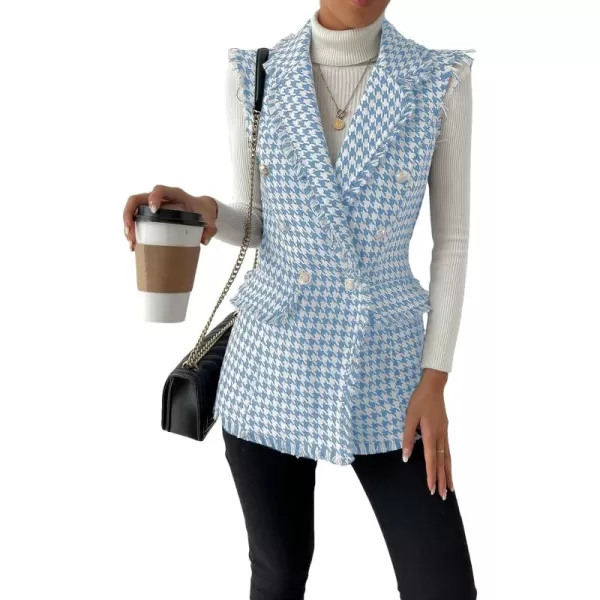 WDIRARA Women's Houndstooth Print Sleeveless Lapel Raw Trim Button Front Long Vest Jacket