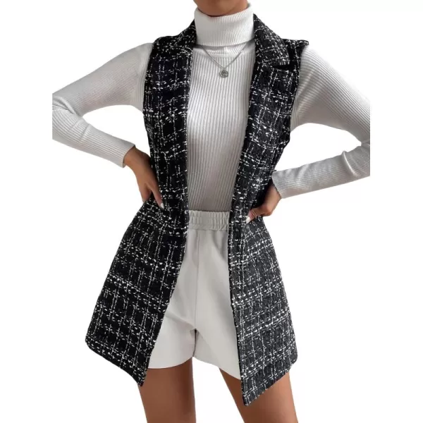 WDIRARA Women's Houndstooth Print Sleeveless Lapel Raw Trim Button Front Long Vest Jacket