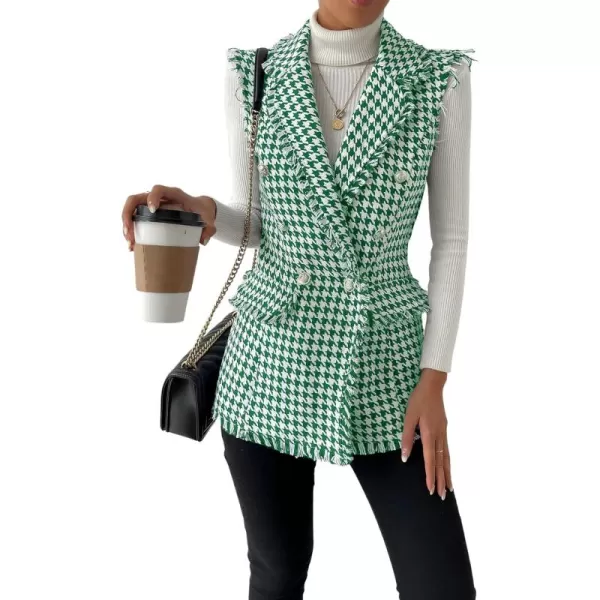 WDIRARA Women's Houndstooth Print Sleeveless Lapel Raw Trim Button Front Long Vest Jacket
